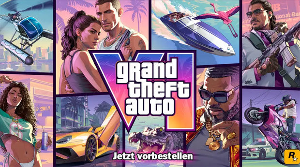 Grand-Theft-Auto-V-Spielcover mit lebendiger, stilisierter Grafik, die Charaktere und Fahrzeuge in einer farbenfrohen urbanen Umgebung zeigt.