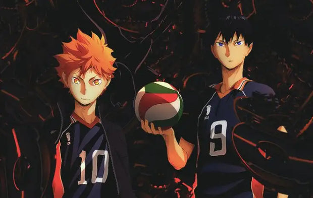 Ein lebendiger Volleyball mit grünen, weißen und roten Feldern, der von einer Anime-Figur gehalten wird.