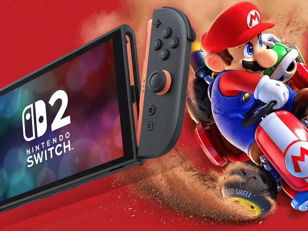 Nintendo Switch OLED-Modell mit schwarzen und korallenfarbenen Joy-Con-Controllern, mit dem Nintendo Switch 2 Logo auf dem Bildschirm.