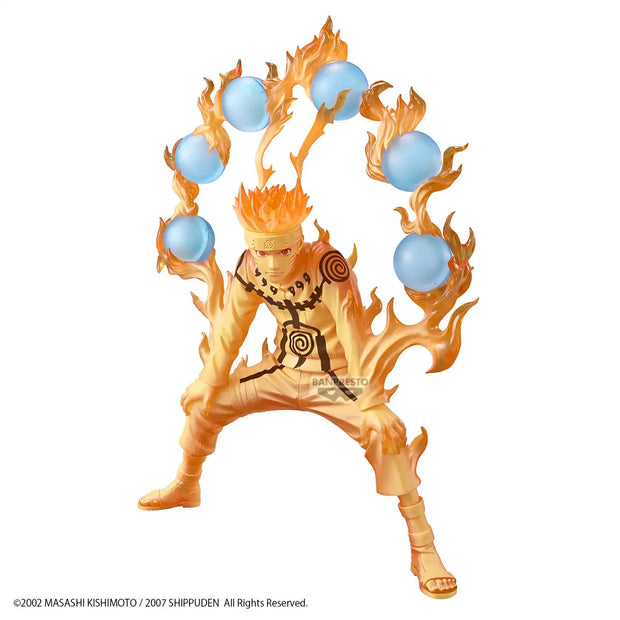 Orange flammen-Themen Naruto-Uzumaki-Figur mit sechs leuchtenden blauen Chakra-Orbs, umringt von feurigen Ranken, detailliert in einer dynamischen Kampfhaltung.